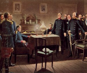 Kapitulationen av fästningen Sedan, 2 september 1870 (förstärkt färglitografi) av German School