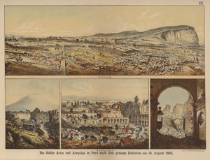 Städerna Arica och Arequipa i Peru efter den stora jordbävningen den 13 augusti 1868 (färg litho) av German School