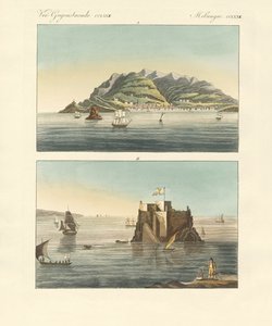 Staden Funchal och Fort Loo på ön Madeira (färgad gravyr) av German School