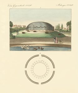 Den kupolformade byggnaden i den zoologiska trädgården i Surrey (färgad gravyr) av German School