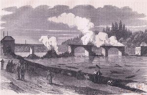 Försvaret av Paris-brännande bron över Asnieres, Cassells historia om kriget mellan Frankrike och Tyskland publicerad av Cassell and Company Limited, c.1890 (litho) av German School