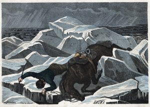 Greve Sandors och hans hästs fall på Donaus brutna is. I "" Wenn Jemand eine Reise thut, so kann er was erzahlen"" (När någon reser, detta är vad han kan berätta), tysk saga av Franz Wiedemann av German School