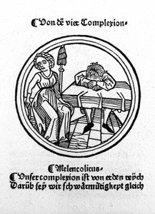 De fyra temperamenten: melankolisk (ledsen och deprimerad). Xylografi, Augsburg 1480. av German School