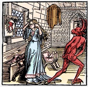 Damen som beundrar sig själv i spegeln ser bara en reflektion av demonens baksida - symbol för fåfänga - djävulens respektlösa uppförande mot en flirtig kvinna - i "Der Ritter von Turn" av riddaren Marquard vom Stein av German School