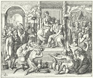 Äktenskapet mellan Ataulf, visigoternas kung, och Galla Placidia, dotter till den romerske kejsaren Theodosius I, 414 (gravyr) av German School