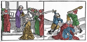 Sankt Fabiens martyrskap (3:e århundradet), torterade påven sedan halshöggs, under kejsar Deces regeringstid Gravyr från "Leben der Heiligen - sommerteil" (Helgonets bok) av Jacobus (James) av Voragine (1228-1298). Lübeck 1488. av German School