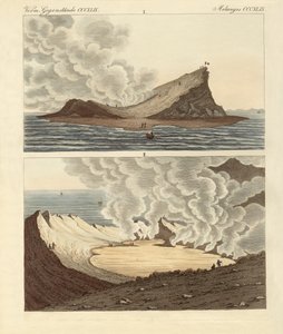 Den nya vulkanön vid Medelhavet, två månader senare (färgad gravyr) av German School