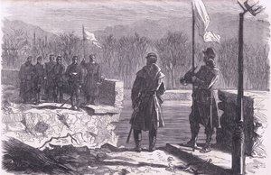Fredsförhandlingarna - ett möte vid bron av Sevres, Cassells historia om kriget mellan Frankrike och Tyskland publicerad av Cassell and Company Limited, ca 1890 (litho) av German School