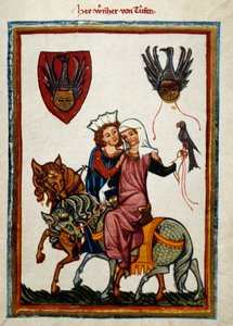 Jaktens nöjen: kung Conradin av Hohenstaufen, kung av Sicilien (Italien) och Jerusalem (Israel) under namnet Conrad II, hertigen av Schwaben under namnet Conrad III och kungen av romarna under namnet Conrad V (1252) -1268) jaktfalk. Il av German School