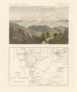 Hamnen och staden Navarino (färgad gravyr) av German School