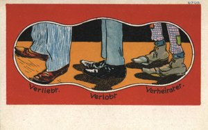 Kärlekens stadier i skor (färg litho) av German School