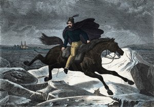 Sagan Sandor på sin häst Tartar i galopp på Donaus isflod. I "" Wenn Jemand eine Reise thut, so kann er was erzahlen"" (När någon reser, detta är vad han kan berätta), tysk saga av Franz Wiedemann av German School