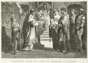 Thedosius ger sin systerdotter i äktenskap med Stilicho av German School