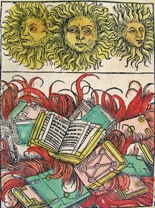 "Tre solar och bokbränning", publicerad i Nuremberg Chronicle, 1493 av German School