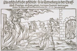 Tre häxor brändes levande, broschyrillustration av German School