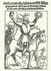 Till Eulenspiegel avbildad med uggla och spegel (gravyr) av German School