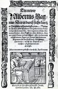 Titelsida för en ny Albertus Magnus: sex korta böcker som beskriver många av naturens hemligheter, publicerad 1514 (träsnitt och boktryck) av German School
