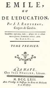 Titelsida från den första upplagan av Emile av Jean-Jacques Rousseau, publicerad 1762 (gravyr) av German School