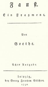 Titelsida från första upplagan av Faust, av Johann Wolfgang Von Goethe (gravyr) av German School