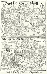 Titelsida från den första upplagan av Sebastian Brants Dårarnas skepp, tryckt av Johann Bergmann von Olpe i Basel 1491 (gravyr) av German School