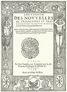 Titelsida från den första upplagan av Heptameron, av Marguerite av Navarra (gravyr) av German School
