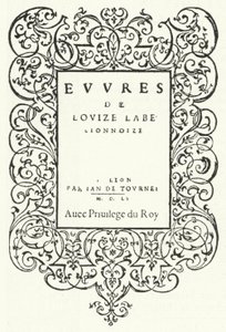 Titelsida från den första upplagan av ett verk av den franska poeten Louise Labe (gravyr) av German School