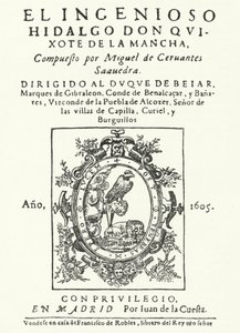 Titelsida från den första upplagan av romanen Don Quijote, av Miguel de Cervantes (gravyr) av German School