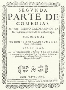 Titelsida från den andra av fyra volymer av Comedias of Calderon, publicerad 1637 (gravyr) av German School