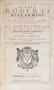 Titelsidan av De Controversiis av Robert Bellarmine, upplaga publicerad i Köln 1620 (tryckt papper) av German School