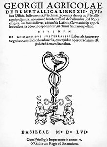 Titelsidan till De re metallica (Om metallers natur), av Georg Pawer eller Georgius Agricola (1494-1555), publicerad i Basel av German School