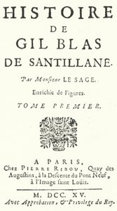 Titelsidan av den första upplagan av Gil Blas av den franske romanförfattaren och dramatikern Alain-Rene Lesage, publicerad 1715 (gravyr) av German School