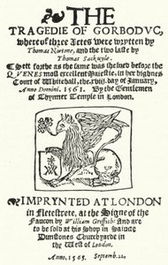 Titelsidan för den första upplagan av The Tragedie of Gorboduc (1565), av Thomas Norton och Thomas Sackville (gravyr) av German School