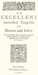 Titelsidan för den första quarto-utgåvan av Shakespeares Romeo och Julia (gravyr) av German School