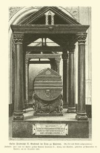 Grav av Fredrik II, den helige romerske kejsaren, i Palermo katedral, Sicilien (gravyr) av German School