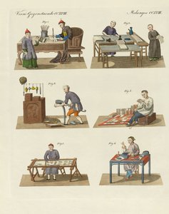 Handel, konst och hantverk i Kina (färgad gravyr) av German School