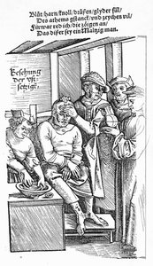 Behandla en patient (träsnitt) (bw foto) av German School
