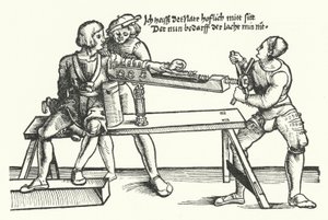 Behandla en soldat med en skadad arm (gravyr) av German School