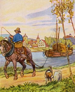 Treidelschiff / Bogserbåt (färglitografi) av German School