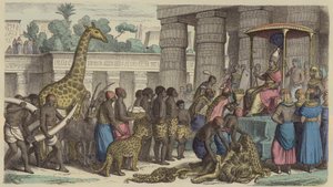 Hyllningsoffer från Etiopien presenteras för farao av Egypten (färgad gravyr) av German School