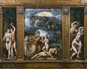 Skapelsens triptyk, Adam och Eva, Evas skapelse, utvisning från paradiset (se även 346195, 346197) av German School