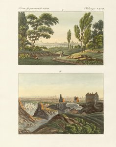 Två vyer av Paris (färgad gravyr) av German School