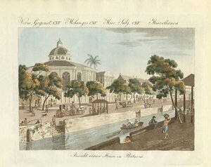 Utsikt från en del av staden Batavia (färgad gravyr) av German School