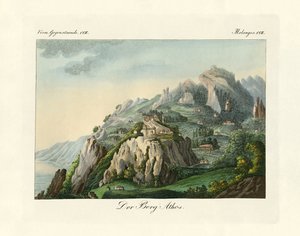Utsikt över berget Athos (färgad gravyr) av German School