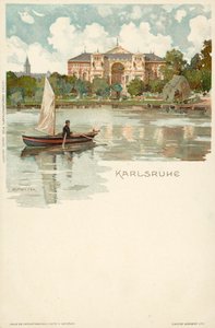 Utsikt över staden Karlsruhe i Tyskland (chromolitho) av German School