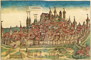 Utsikt över staden Nürnberga, publicerad i Nürnbergkrönikan, 1493 av German School