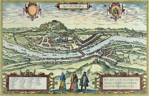 Utsikt över staden Salzburg på stranden av floden Salzach med slottet Hohensalzburg i bakgrunden, från "Gamla europeiska stadsscener" (gravyr) av German School