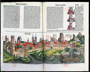 Utsikt över staden Köln, från Nürnbergs krönika av Hartmann Schedel, 1493 (trästick i färg) av German School