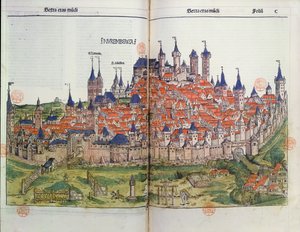Utsikt över staden Nürnberg, från Nürnbergkrönikan av Hartmann Schedel (1440-1514) 1493 (träsnitt i färg) av German School
