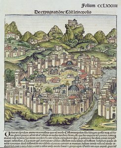 Utsikt över den muromgärdade staden Konstantinopel, från Nürnbergkrönikan av Hartmann Schedel (1440-1514) 1493 (träkloss) av German School