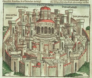 Utsikt över den muromgärdade staden Jerusalem som visar Salomos tempel och stadsportarna, från Nürnbergkrönikan av Hartmann Schedel (1440-1514) 1493 av German School